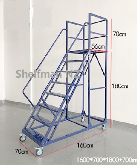 Brand New Rolling /mobile Warehouse Ladder with Work Platform -Blue, Multiple sizes available