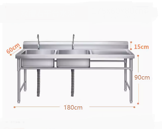 Stainless Steel Freestanding Right or Left double-Sink with bench + splash back 1800*600*900mm