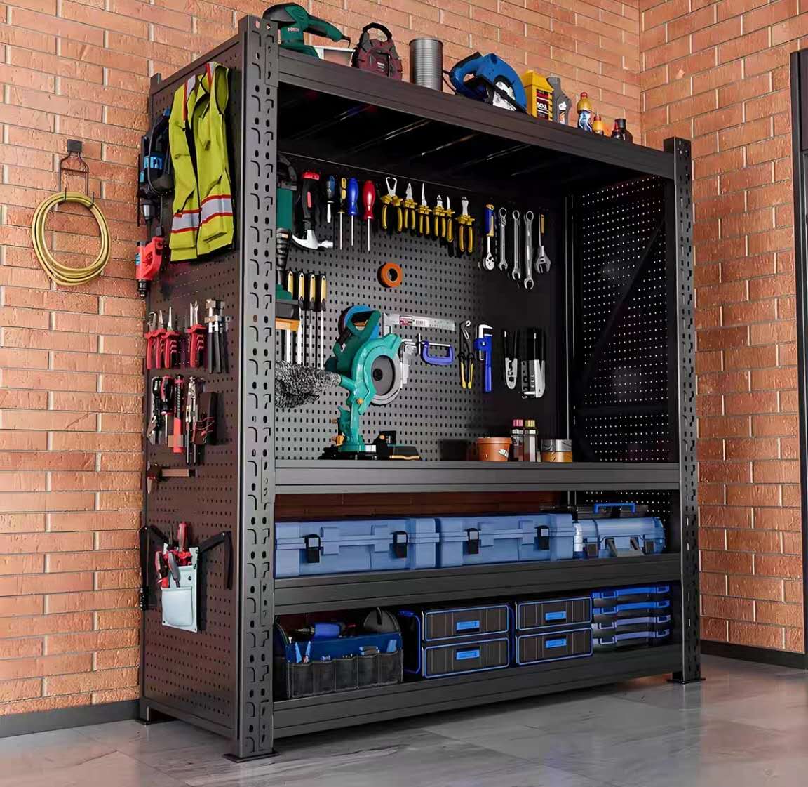 Pin board - tool holder panel for storage shelving unit