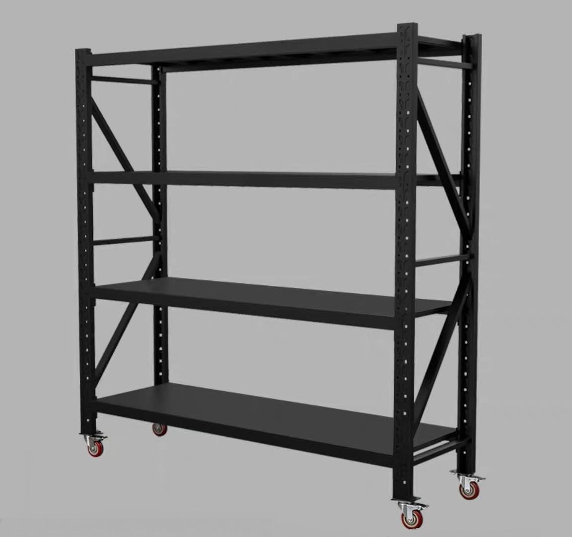 Heavy duty shelving unit 2m L x 600mmD x 2m H, 4 shelves， 200kg per shelf with wheels