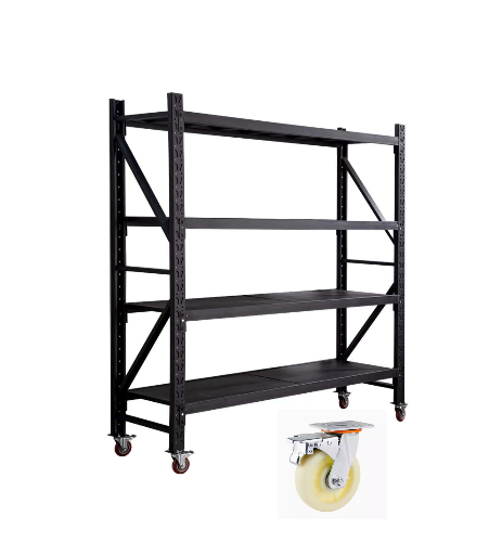 Heavy duty shelving unit 2m L x 600mmD x 2m H, 4 shelves， 200kg per shelf with wheels